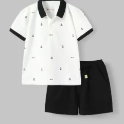 White and Black Boy's Polo Set with Anchor Pattern