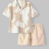Brown Linen Boys Shirt and Pajamas Set with Summer Patterns